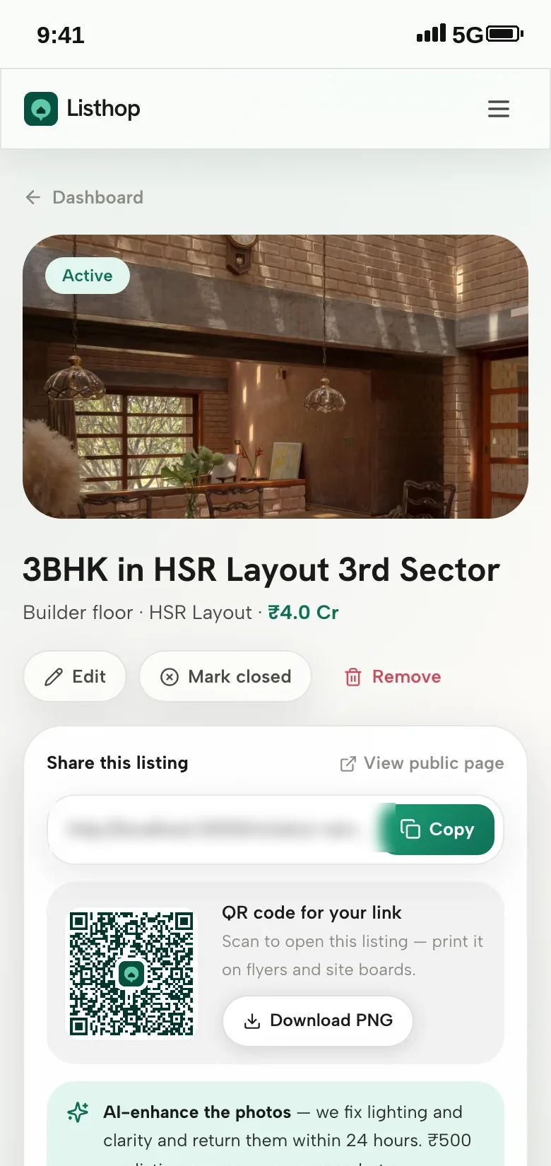 Listhop listing dashboard with share link and QR code