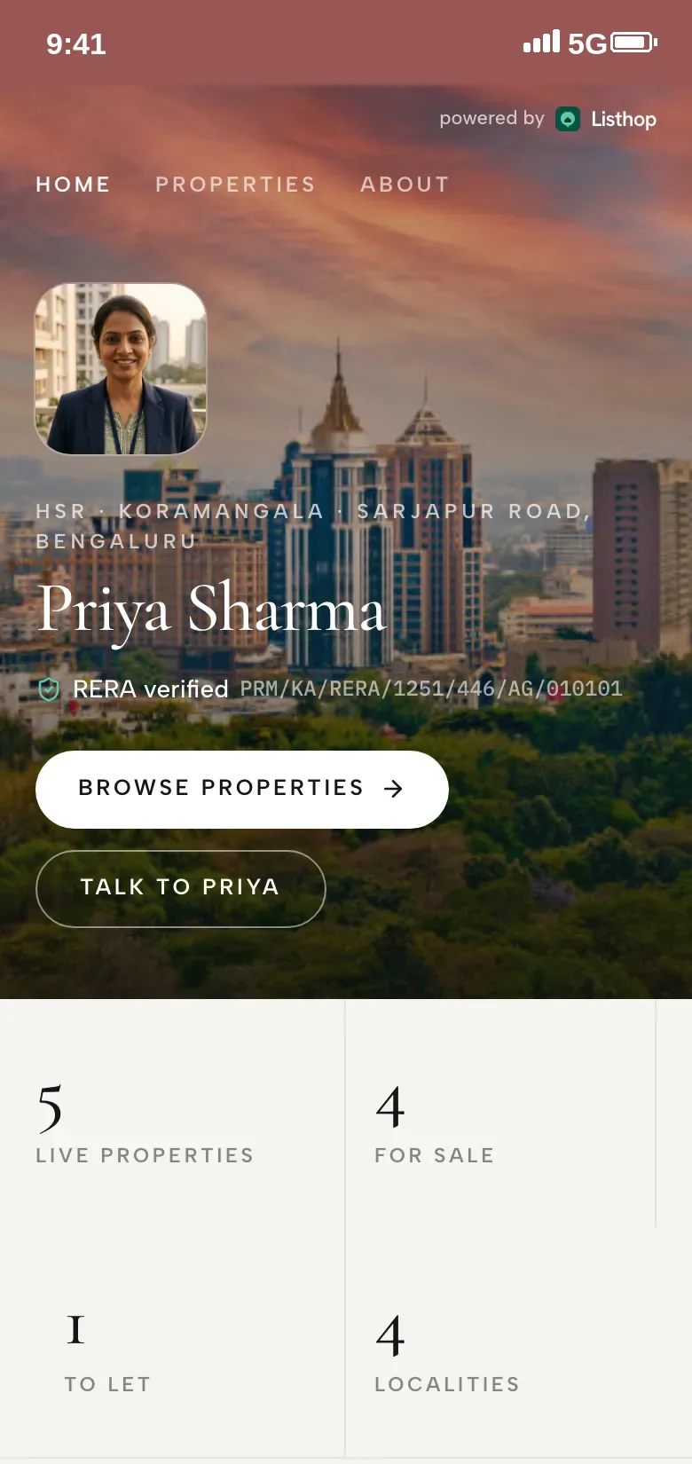 Listhop agent page with photo, RERA badge and live properties